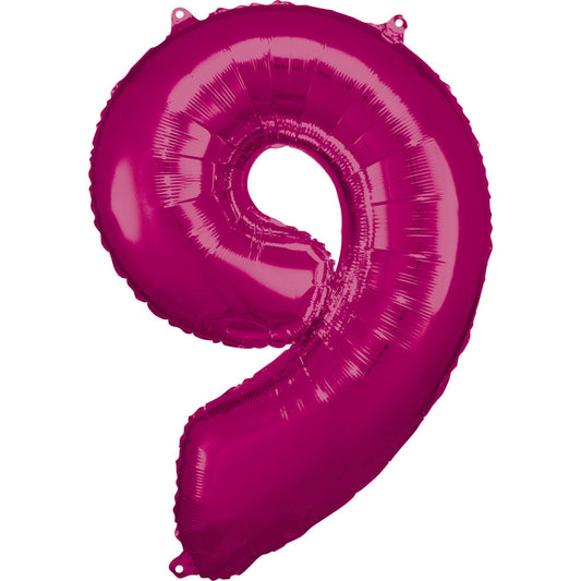 Pink Supershape Number 9 Foil Balloon 86cm (33in) height by 63cm (24in) width Balloon is sold uninflated. Can be inflated with air or helium.