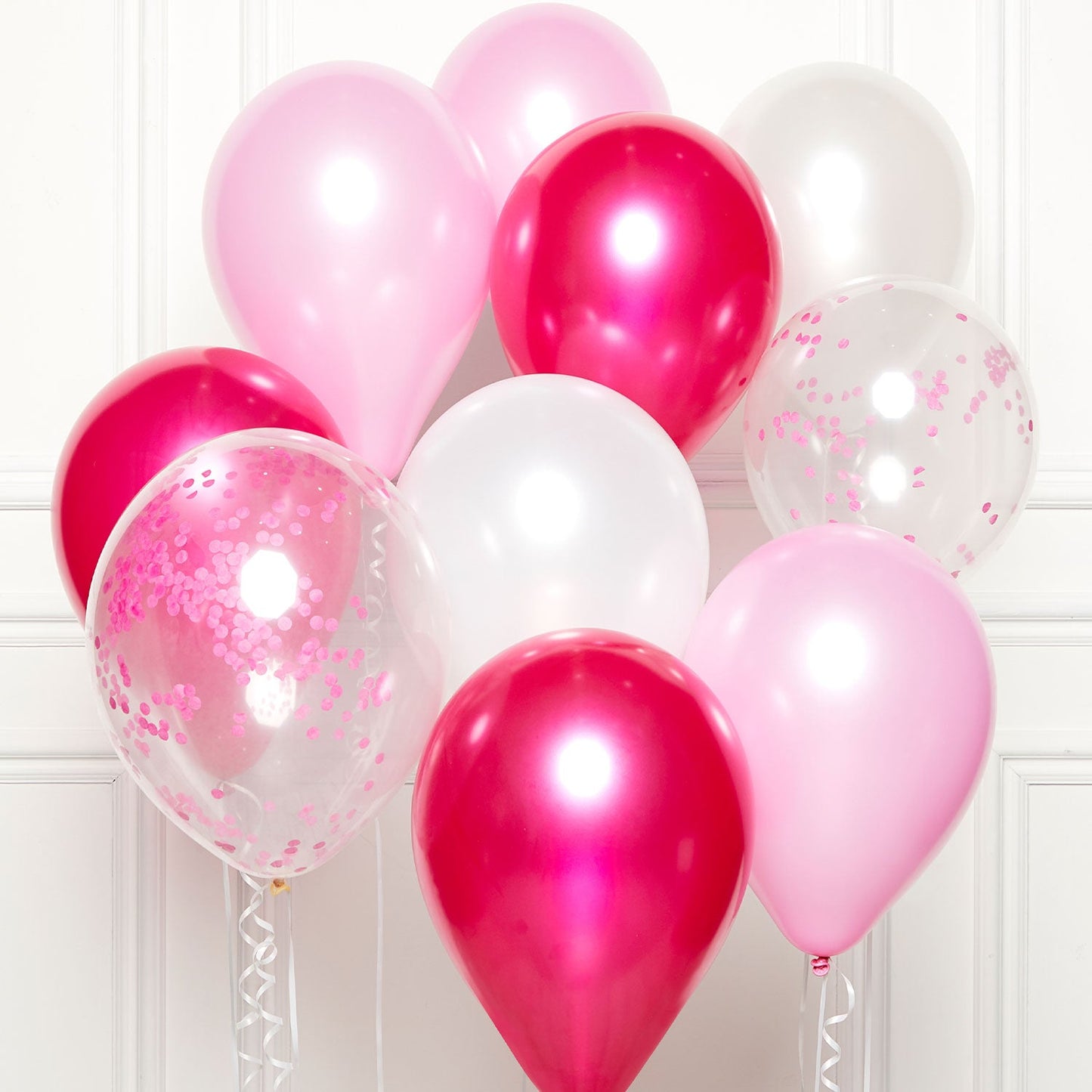 Pink DIY Latex Balloon Kit includes 2 x Clear Confetti Balloons, 3 x Light Pink Pearl Balloons, 3 x Hot Pink Pearl Balloons, 2 x White Pearl Balloons and 1.5m of White Ribbon for each Balloon
