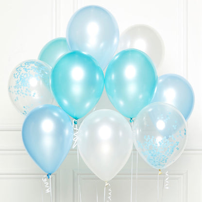 Blue DIY Latex Balloon Kit includes 2 x Clear Confetti Balloons| 3 x Light Blue Pearl Balloons| 3 x Caribbean Blue Pearl Balloons| 2 x White Pearl Balloons and 1.5m of White Ribbon for each Balloon