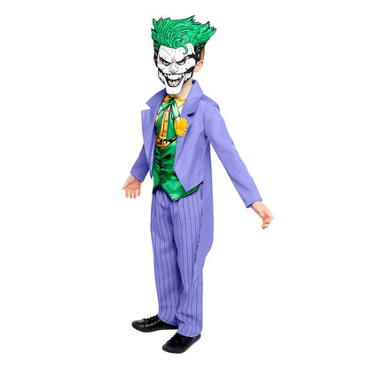 Joker Comic Style Costume includes jacket with 3D fabric flower on collar and attached top, trousers and EVA mask