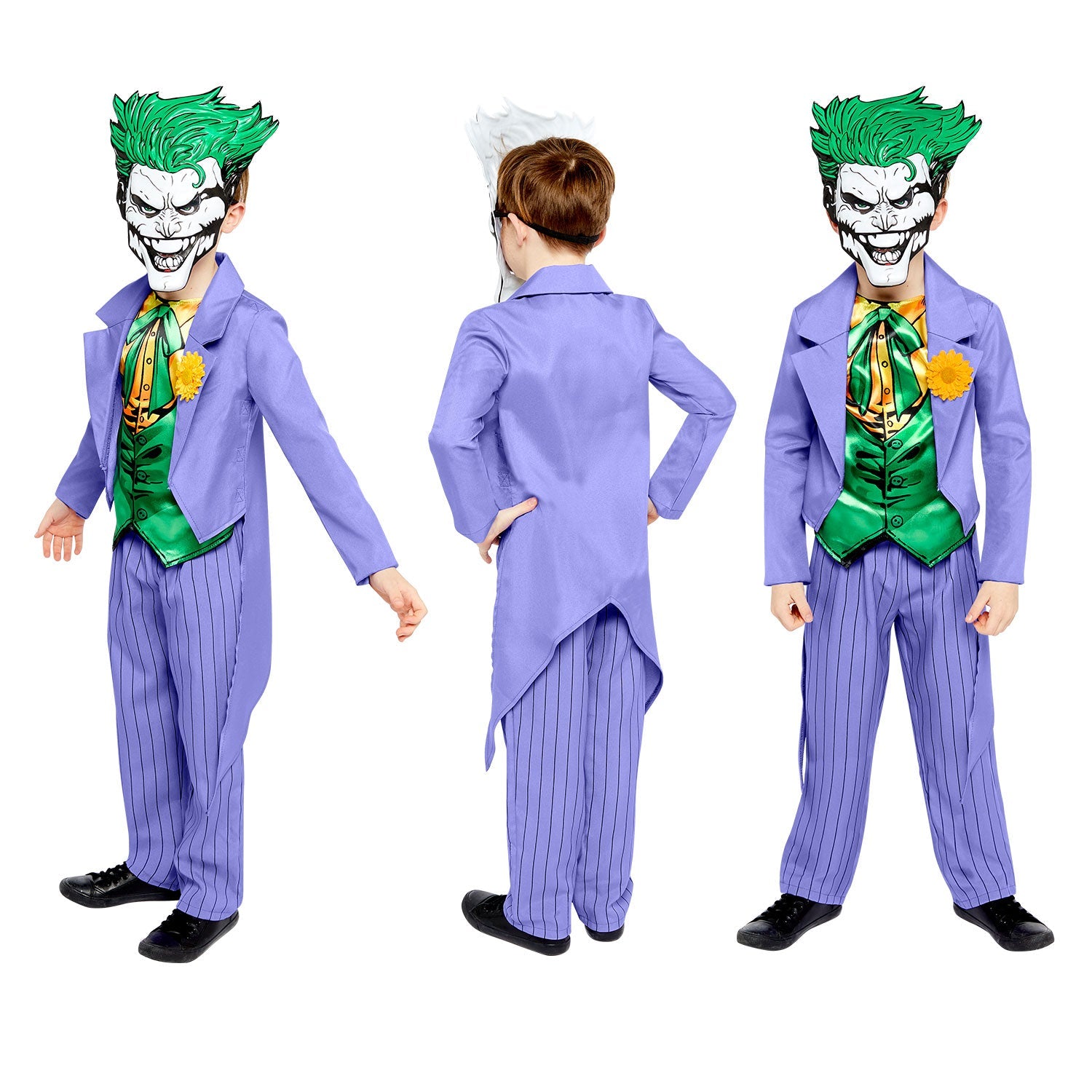 Joker Comic Style Costume includes jacket with 3D fabric flower on collar and attached top, trousers and EVA mask