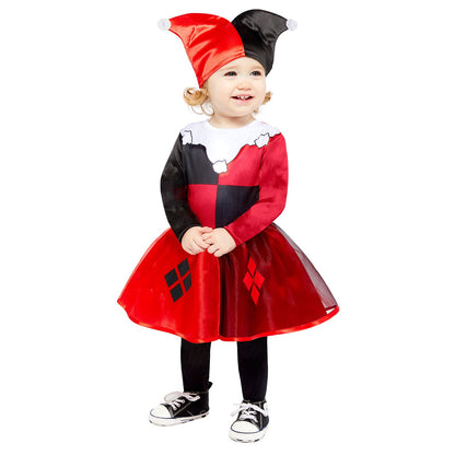 Infant Harley Quinn Costume includes dress with organza printed skirt and hat
