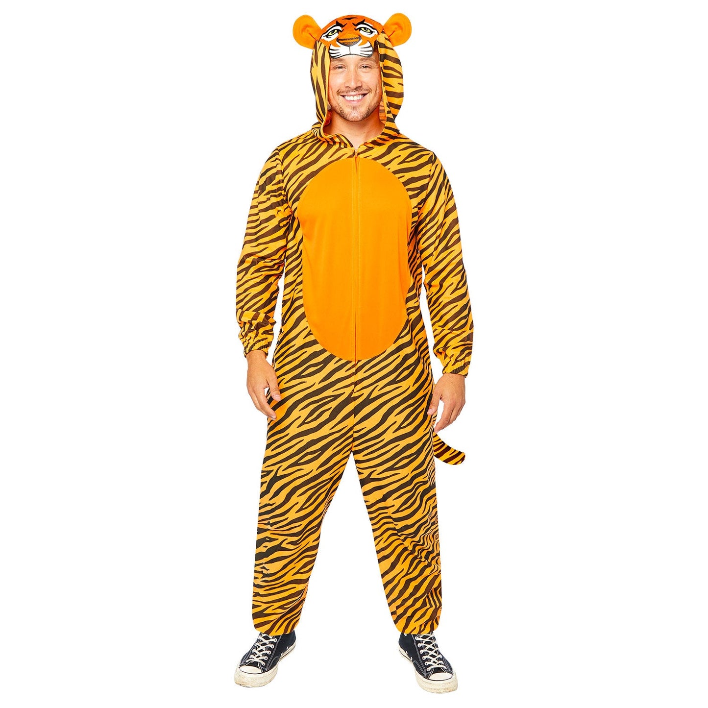 Adult Tiger Onesie Costume includes jumpsuit with hood