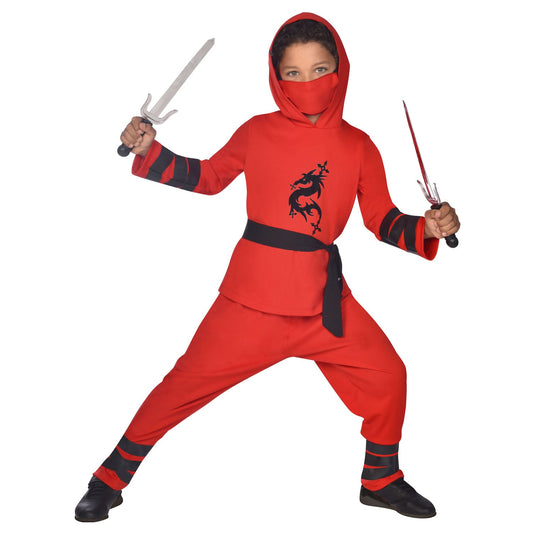 Child Red Ninja Warrior Costume includes top with hood, trousers, belt, face mask, arm straps and leg straps