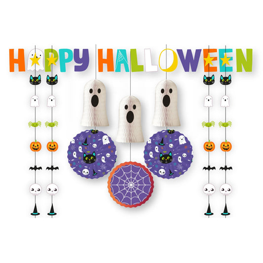 Juvenile Halloween Decorating Kit includes 3 x 30cm Fans, 3 x Honeycomb Ghosts Decorations, 23cm, 1 x Letter Banner, 1.6m and 4 x String Decorations, 1.83m each.
