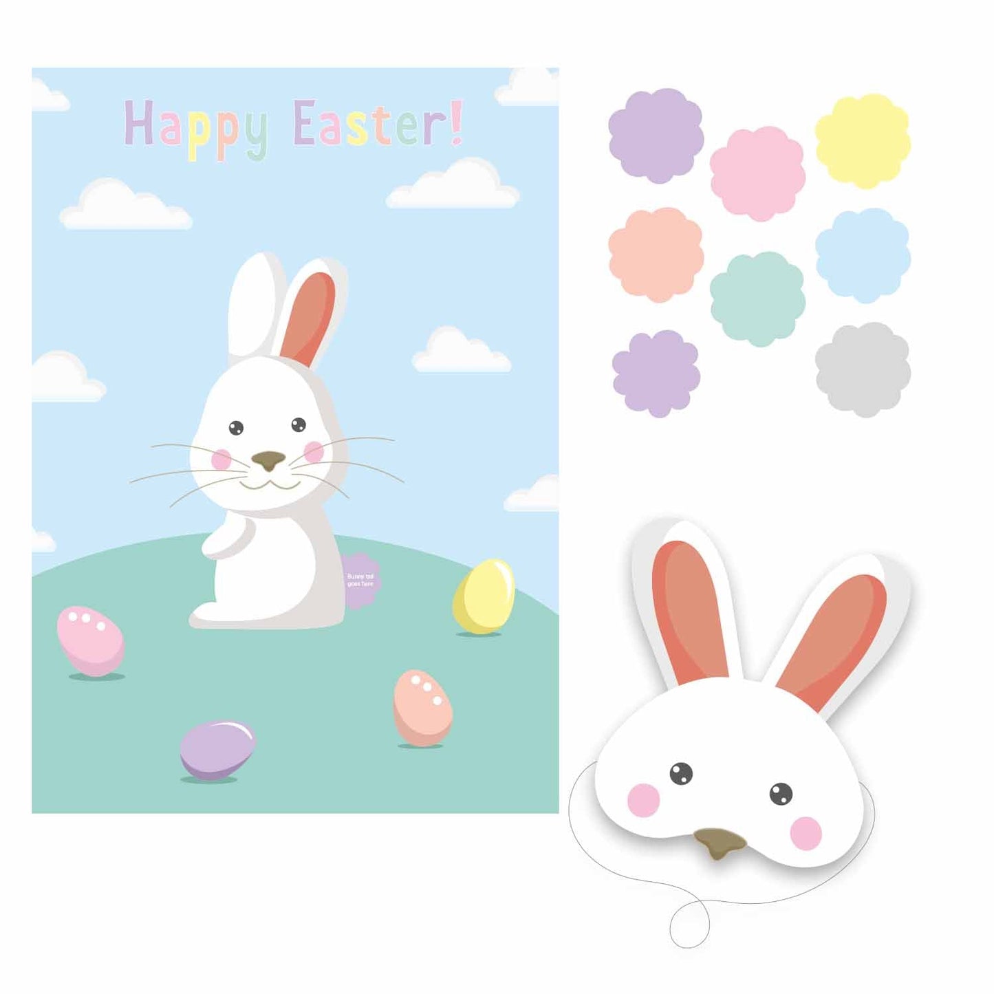 Pin the Tail on the Easter Bunny Game includes cardboard facemask, 8 bunny tail stickers and 1 game board