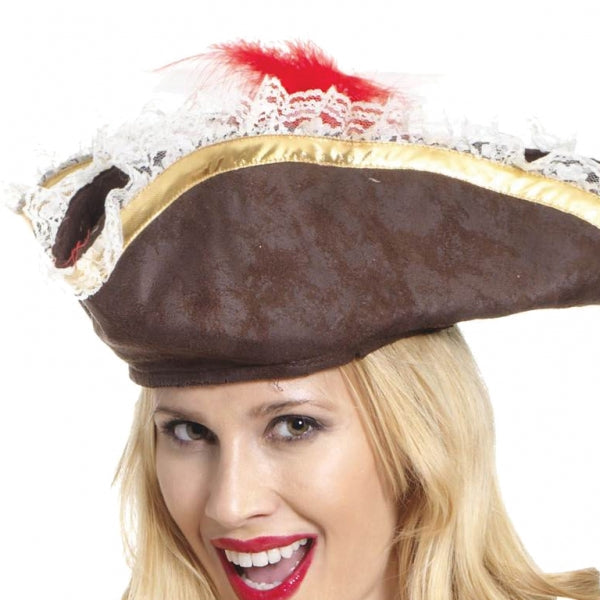 Ladies Captain Buccaneer Pirate Fancy Dress Costume features a pirate jacket with attached white shirt| a short pleated skirt embellished with red bows and a large Captain hat. 