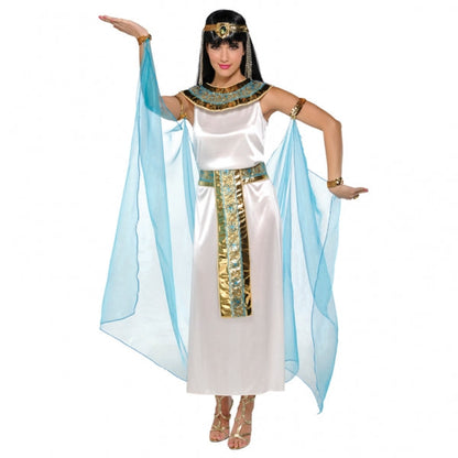 Queen Cleopatra Ladies Fancy Dress Costume is a white satin dress with a finely detailed gold and turquoise fabric belt| matching fabric headdress with faux jewel accent| and ornate gold padded collar with blue band accent and gold embroidery details. The Queen Cleopatra Costume is dramatically finished with gold arm bands and cuffs with an attached sheer cape.