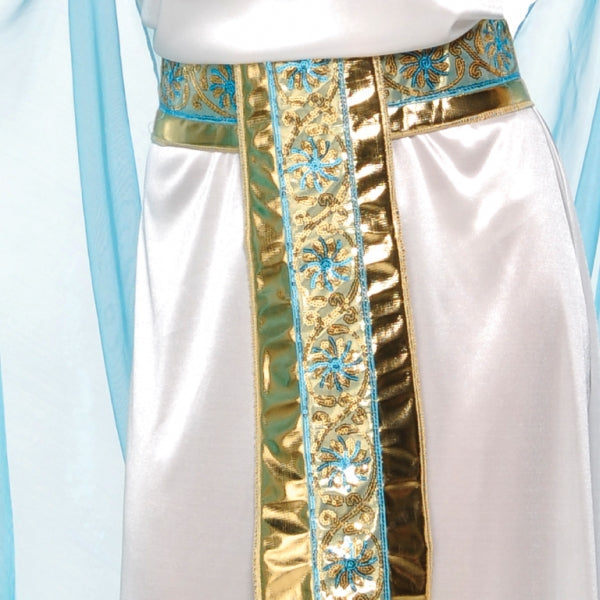 Queen Cleopatra Ladies Fancy Dress Costume is a white satin dress with a finely detailed gold and turquoise fabric belt| matching fabric headdress with faux jewel accent| and ornate gold padded collar with blue band accent and gold embroidery details. The Queen Cleopatra Costume is dramatically finished with gold arm bands and cuffs with an attached sheer cape.