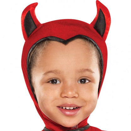 This cute Halloween Devil Costume for toddlers features a red jumpsuit with flame details on the collar and an attached tail with a pointed black tip. This adorable costume also comes with an attached hood that has horns to turn toddlers into the cutest little devils you have ever seen. Devil Toddler Halloween Costume contains jumpsuit with attached tail and hood.