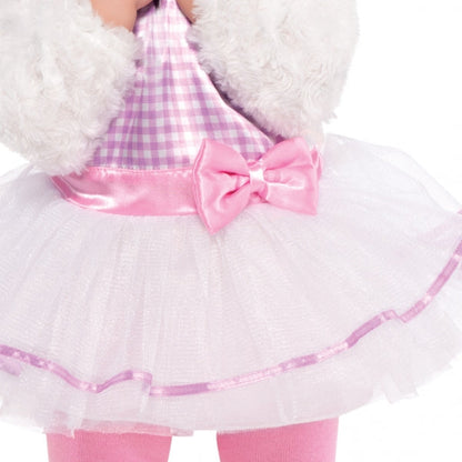 The Little Lamb Costume for babies features a dress with snowy white faux fur sleeves, a pink gingham bodice and flouncy tutu skirt with a pink satin waistband and bow. A soft, furry hood has floppy lamb ears with gingham lining and a matching pink bow, and pink tights and booties round out this sweet and cuddly Lamb Costume. Little Lamb Costume includes dress, hood, tights and booties.