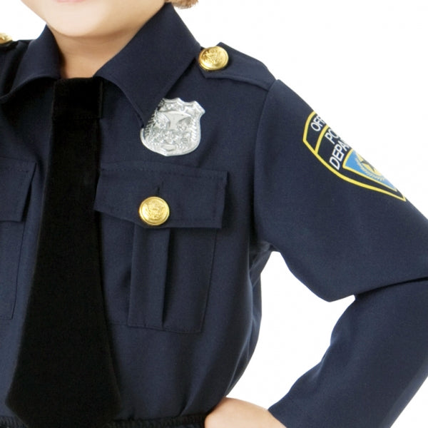 Boys Police Officer Fancy Dress Costume includes police hat with badge, shirt with attached silver badge, button-down chest pockets, epaulettes and attached black tie, faux leather belt with holster, trousers and toy walkie talkie.