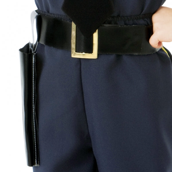Boys Police Officer Fancy Dress Costume includes police hat with badge, shirt with attached silver badge, button-down chest pockets, epaulettes and attached black tie, faux leather belt with holster, trousers and toy walkie talkie.