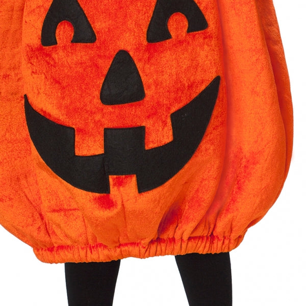 Baby Pumpkin Patch Cutie Pumpkin Costume features a plush orange pumpkin sack with jack-o-lantern face and green leaf collar, and a matching cap with plush green stem. Baby Pumpkin Patch Halloween Costume includes pumpkin sack and hat.