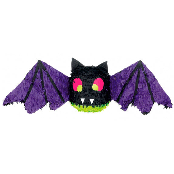 Bat Pinata. 30.5cm tall x 96.5cm wide. Suspend the pinata from a string and take turns to hit it with a stick until it breaks and the goodies fall out, resulting in a mad scramble to collect the treats. Guests can be blindfolded when hitting the pinata to make the game more difficult. All Pinatas are sold unfilled. Fill with small toys or wrapped treats.