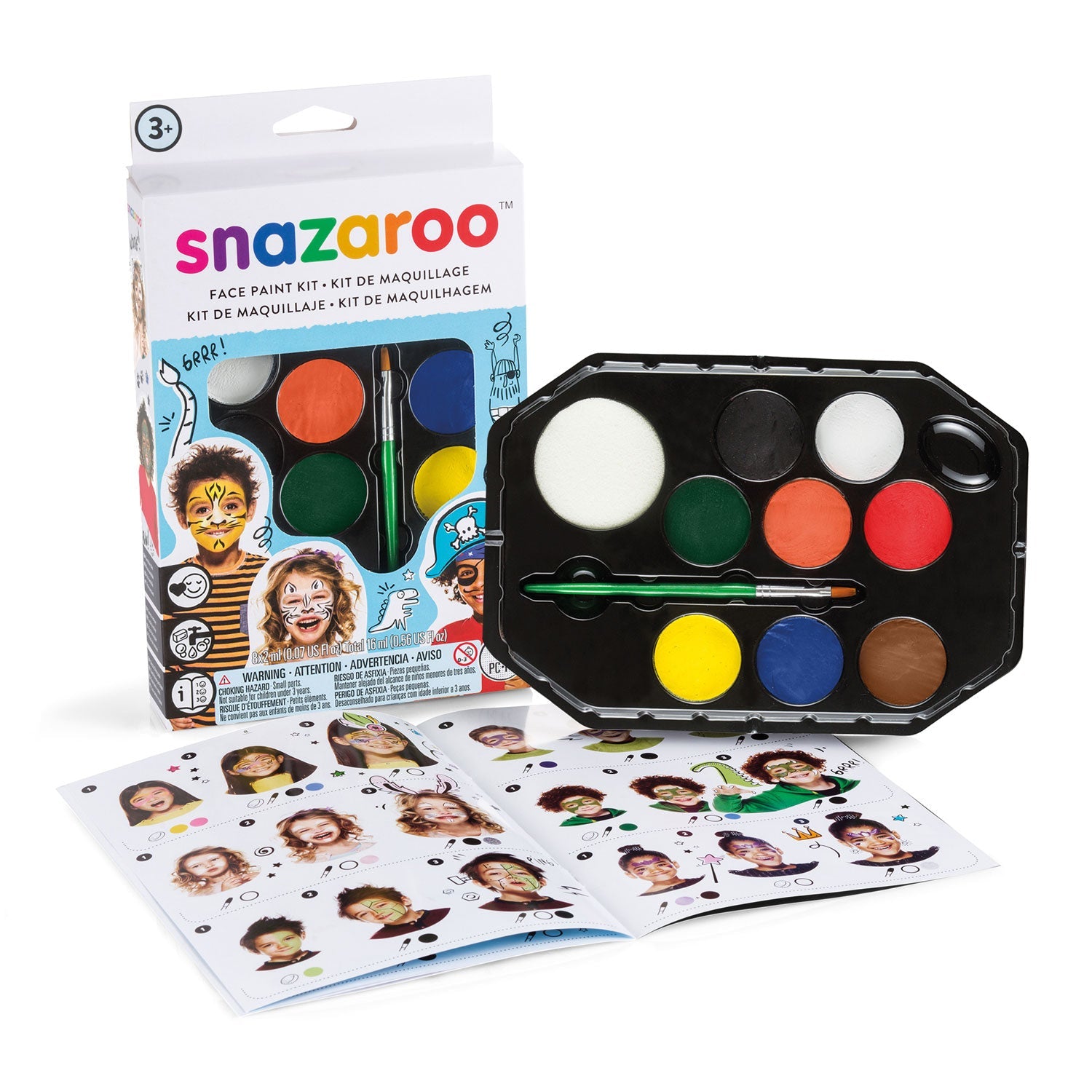 Snazaroo Boy Face Painting Kit includes 2ml White, Black, Orange, Bright Yellow, Dark Green, Royal Blue, Light Brown and Bright Red, Brush, Sponge and Step-by-step face painting guide. Paints up to 50 faces.