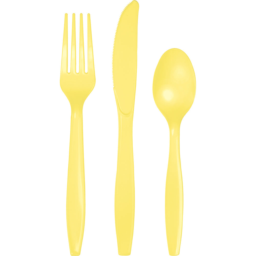 Yellow Plastic Assorted Cutlery Set, contains 8 plastic knives, 8 plastic forks and 8 plastic spoons.