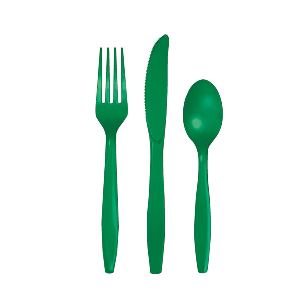 Emerald Green Plastic Assorted Cutlery Set contains 8 plastic knives, 8 plastic forks and 8 plastic spoons.