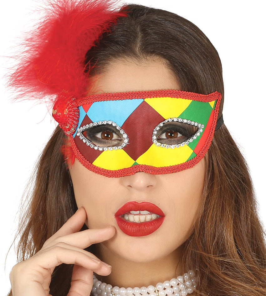 Multi-coloured Harlequin Eye Mask with Feather