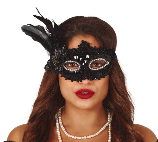 Black Masquerade Mask with Flower and Feather