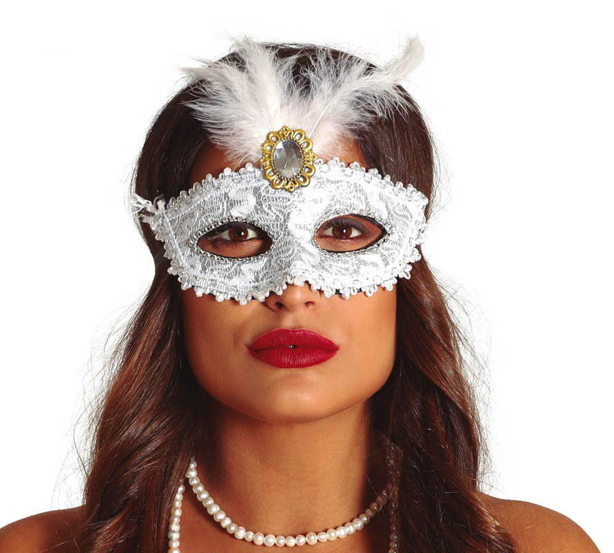 White Lace Masquerade Mask with Jewel and Feather