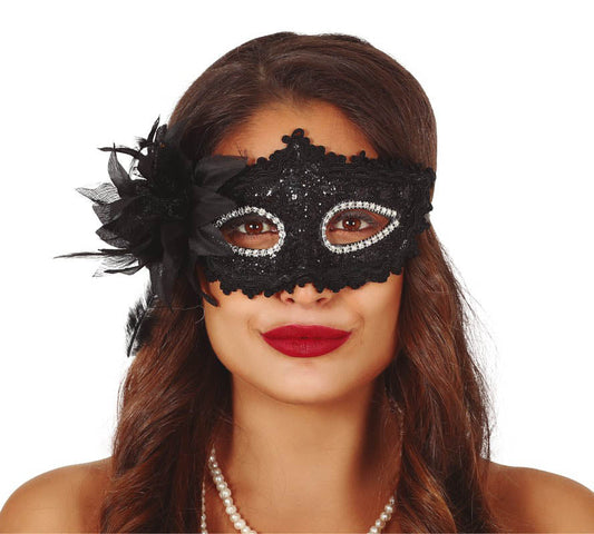 Black Sequin Mask with Flower
