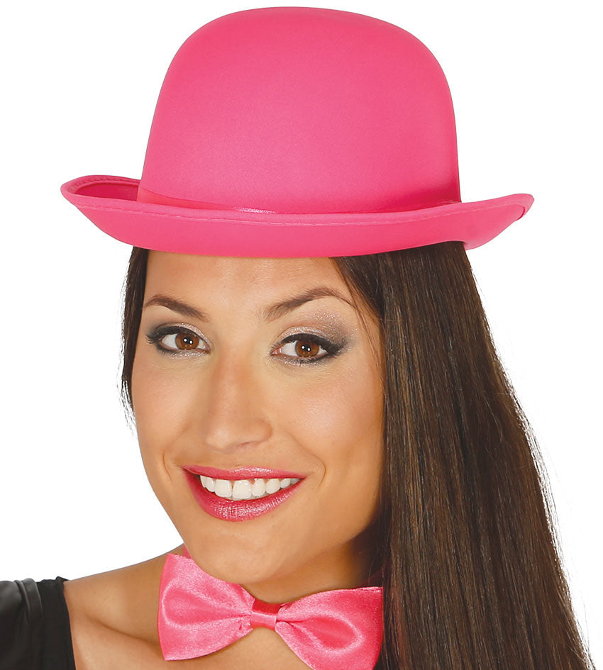 Pink Felt Bowler Hat with Ribbon
