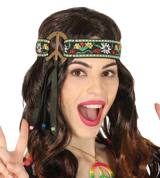 Hippie Headband with peace sign, hanging ribbons and beads