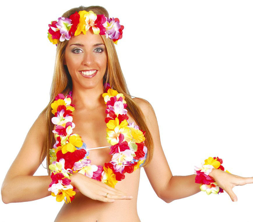 Deluxe Hawaiian Set includes lei necklace, headband and wristband
