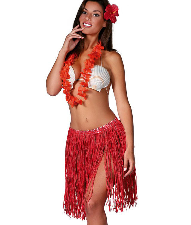 Red 3 Piece Set, Red, includes grass skirt, lei necklace and flower hairclip