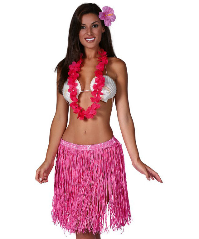 Red 3 Piece Set, Pink, includes grass skirt, lei necklace and flower hairclip
