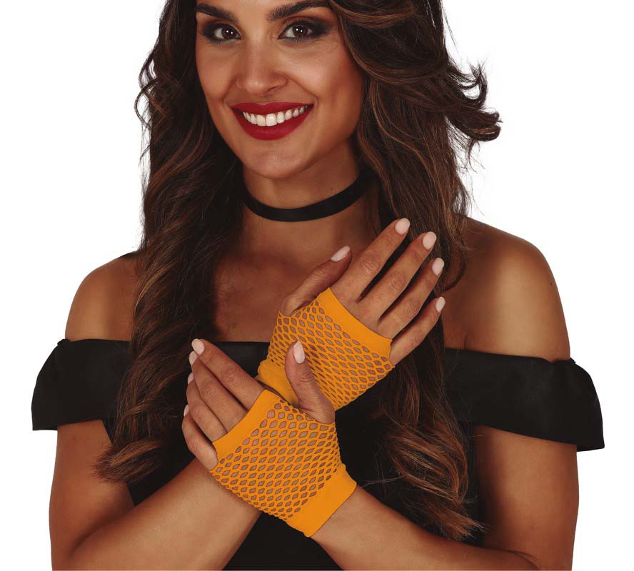 Short Orange Fishnet Gloves