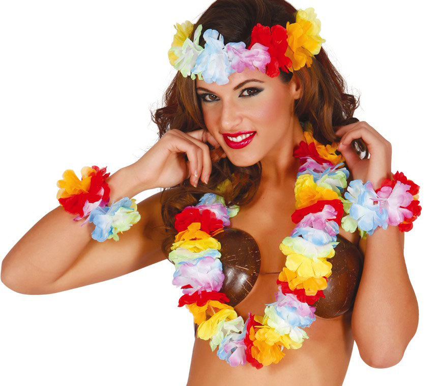 Deluxe Multicolour Hawaiian Set includes lei necklace, headband and wristbands