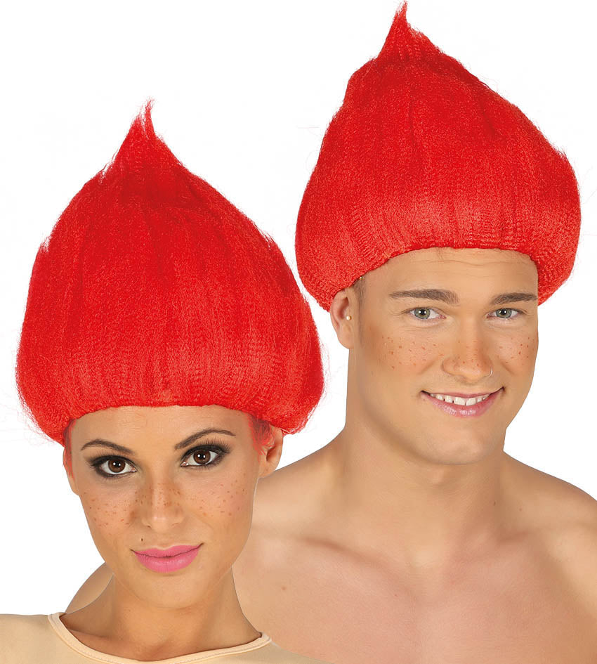 Red Troll Wig, Crimped, Up-brushed style
