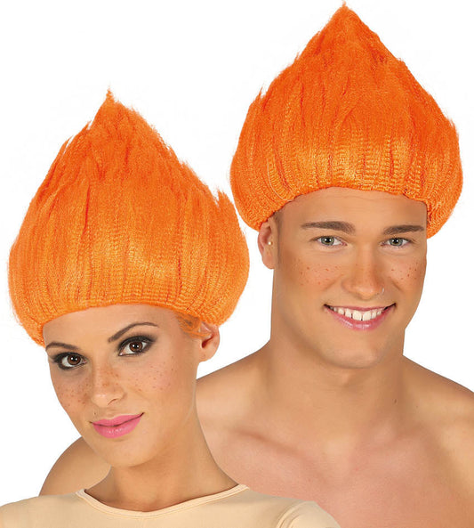 Orange Troll Wig, Crimped, Up-brushed style