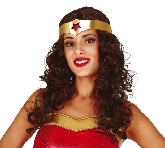 Super Heroine Long Curly Wig with attached tiara.