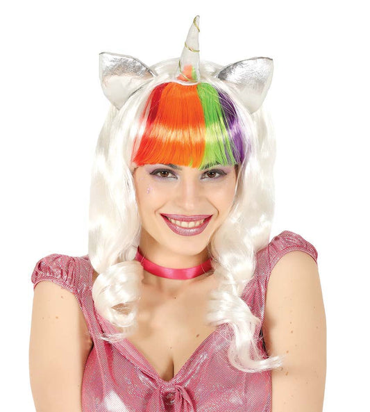 Unicorn Wig, White with rainbow colour fringe, horn and ears