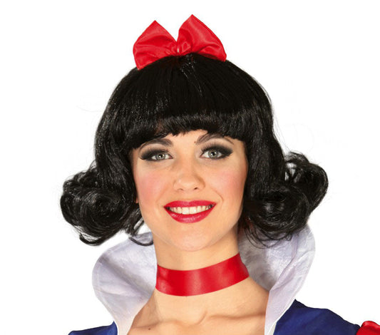 Snow Queen Wig, Short, black with curls and red bow