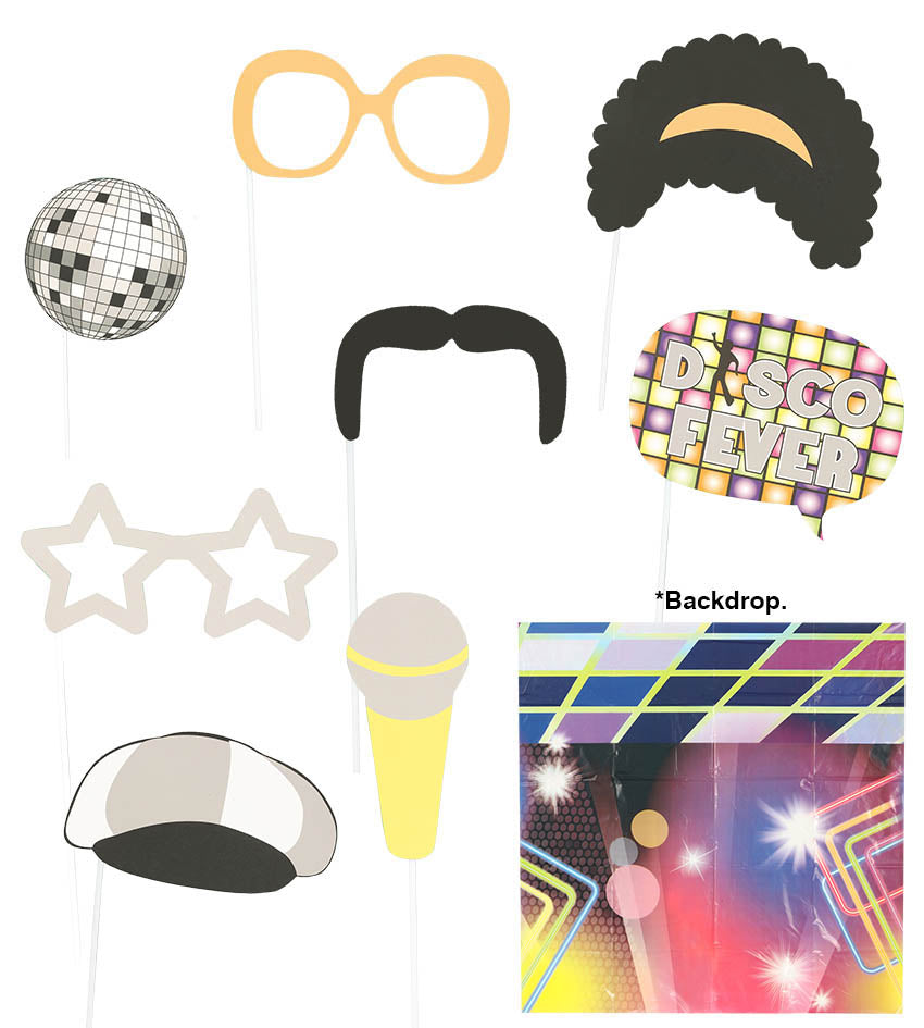 Disco Photo Prop Kit includes 8 photo props and 1 background sheet (75cm x 75cm)