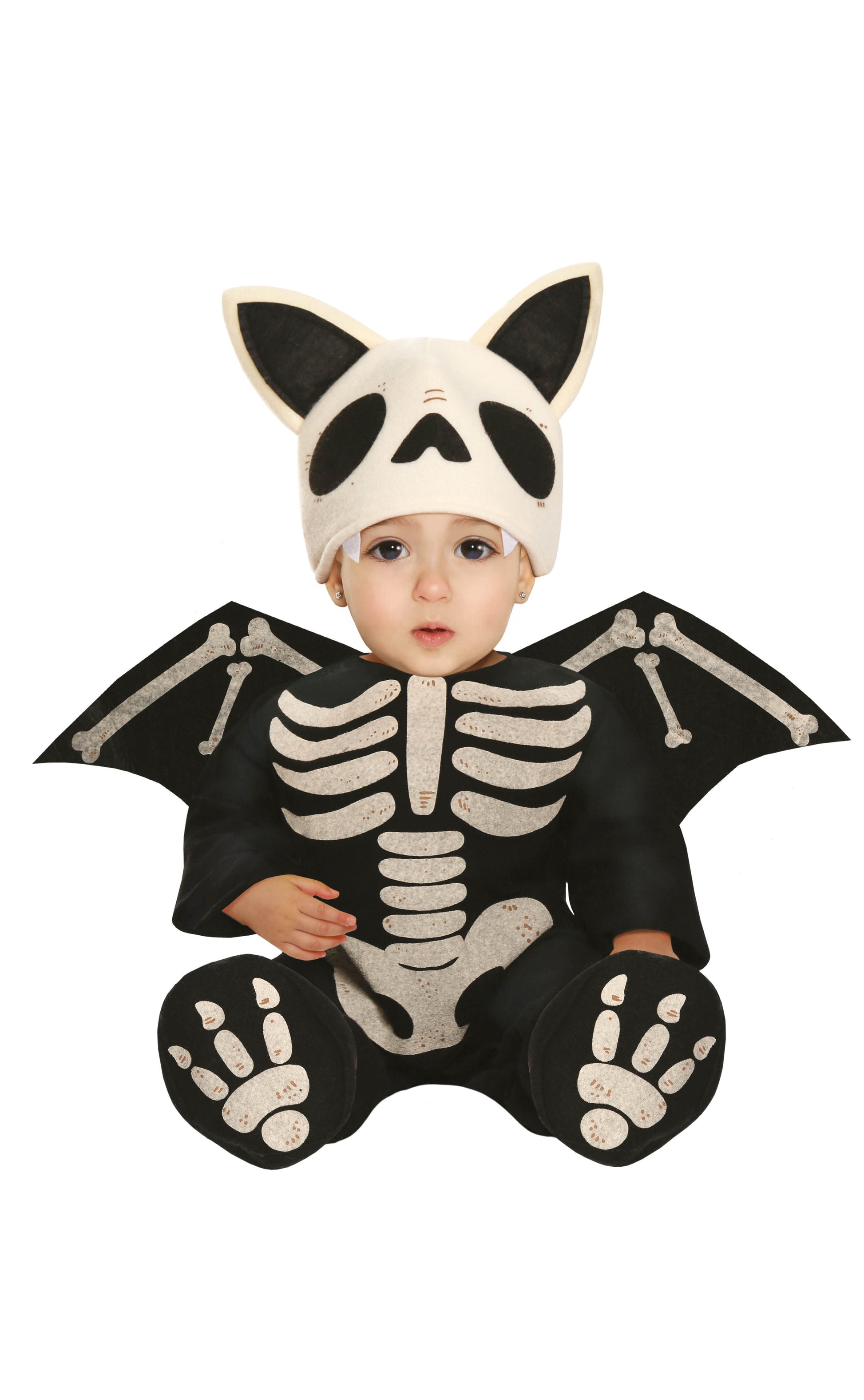 Baby Skeleton Bat Costume includes jumpsuit with wings, paws and hood