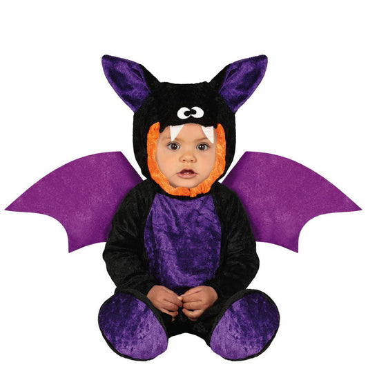 Baby Mini Bat Halloween Costume includes jumpsuit with wings and paws, and hood.
