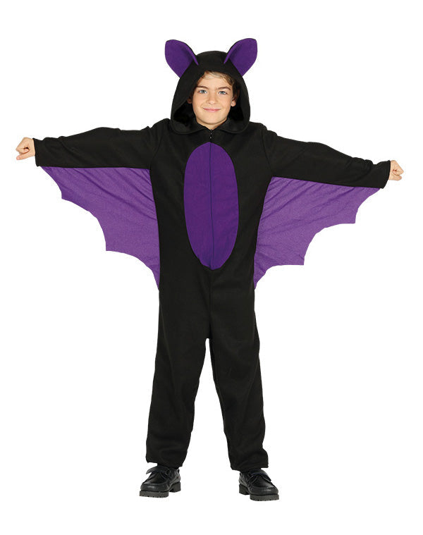 Child Bat costume includes black and purple jumpsuit with attached bat wings and hood with ears