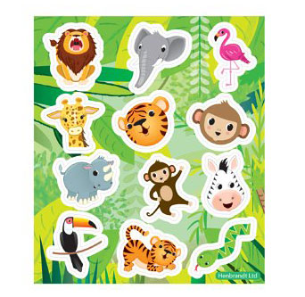 Jungle Stickers. Each sticker sheet measures 10cm * 11.5cm (approx). Each sheet contains between 12 stickers.