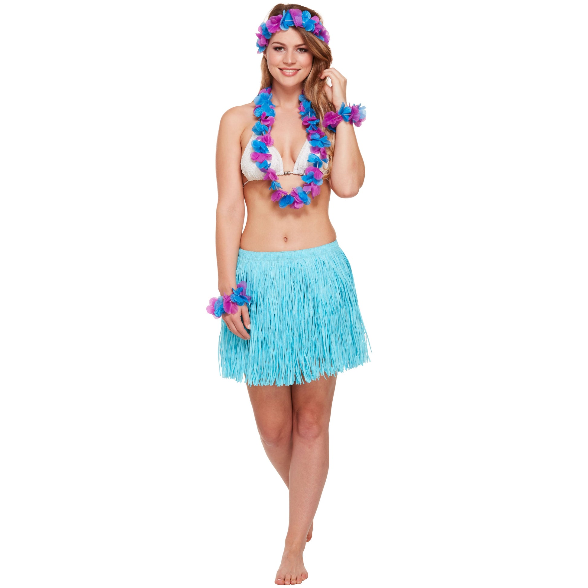 Blue Hawaiian Set includes hula skirt| lei necklace| flower headband and 2 flower bracelets/anklets