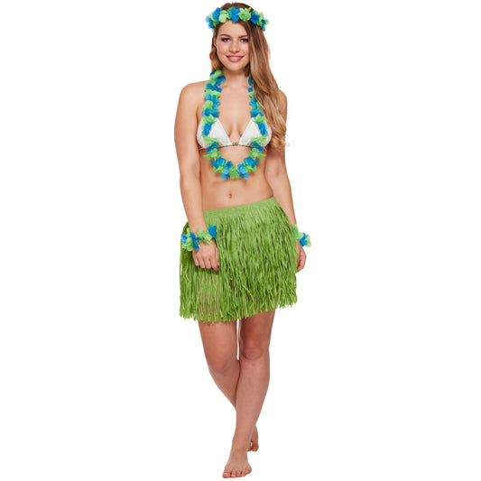 Green Hawaiian Set includes hula skirt, lei necklace, flower headband and 2 flower bracelets/anklets