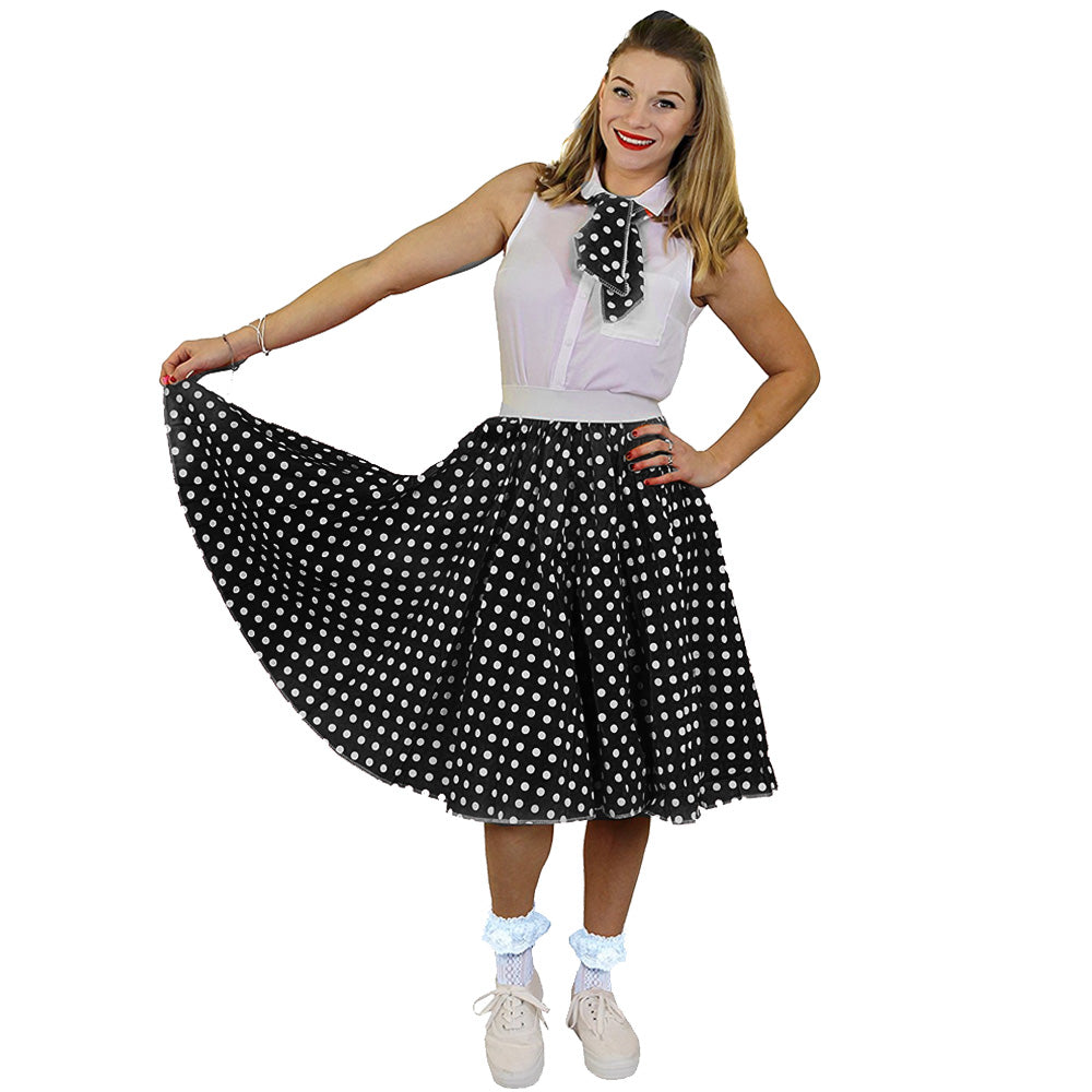 Long Black Polka Dot 1950s Rock n Roll Skirt and Scarf Set includes Black polka dot skirt with white spots and elasticated waist and matching neck scarf. Skirt length 26 inches