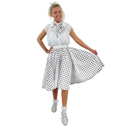 Long White Polka Dot 1950s Rock n Roll Skirt and Scarf Set includes White polka dot skirt with black spots and elasticated waist and matching neck scarf. Skirt length 26 inches