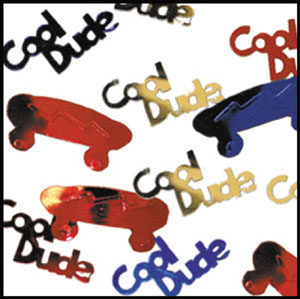 Cool Dude & Skateboard Confetti. Inside this 14g bag are red and blue metallic skateboards with the words COOL DUDE in silver blue and red.