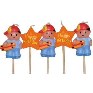 Three Little Skateboarders perfect for the little cool dude in your life. Would suit younger and older boys parties. Complimented with two stars with Happy Birthday engraved into them. Each candle is beautifully detailed. Each candles sits on a cocktail stick which can be pushed into the cake. They burn nice and slowly so will last for many relights, as most children like to blow out candles more than once. Each wax character is about 3cm high.