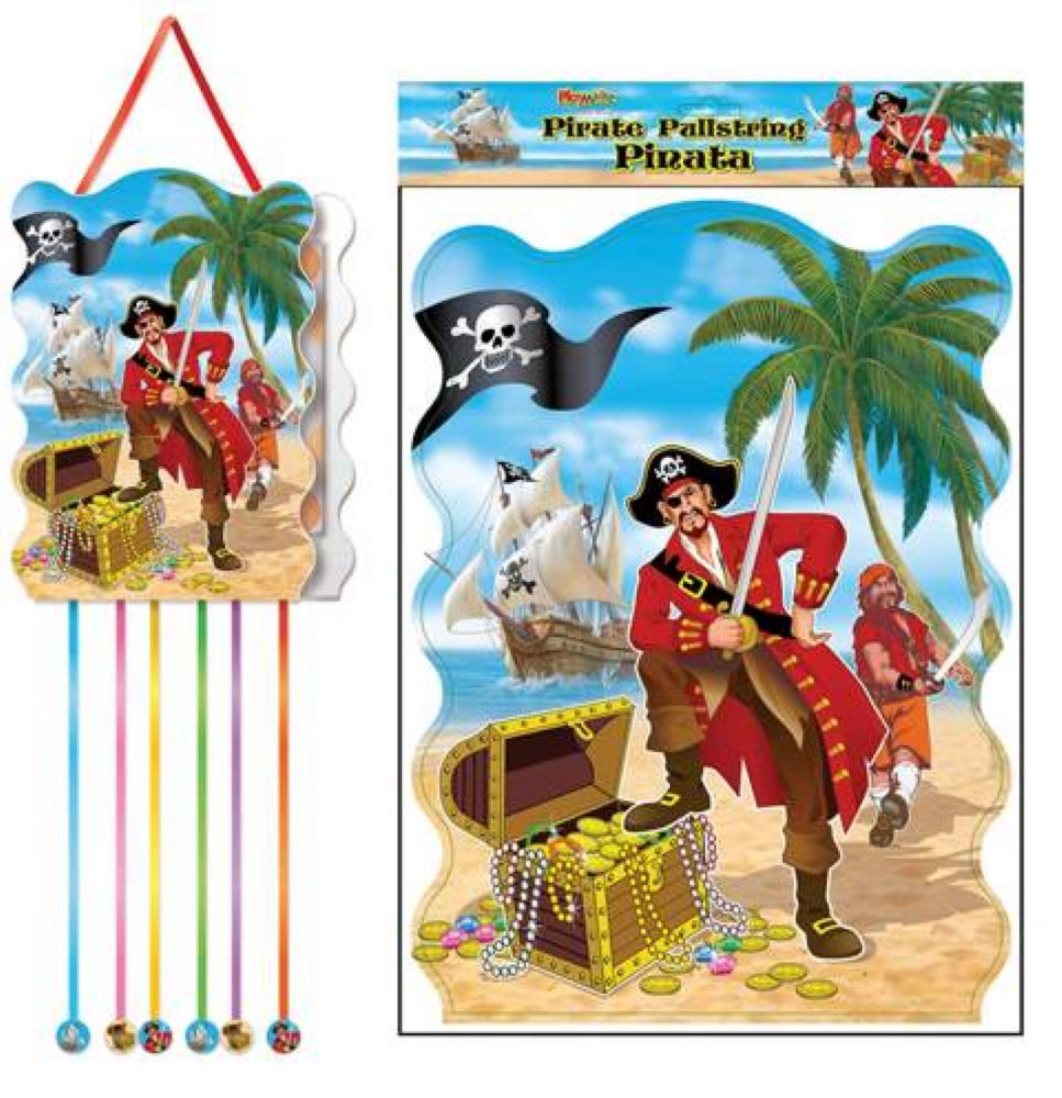 Pirate Pull String Pinata Pirate Design. 30cm x 40cm. Supplied Flat Packed. Fill with toys and sweets. Once filled, children take it in turns to wear the blindfold (not provided) and pull a string to try and release the goodies.